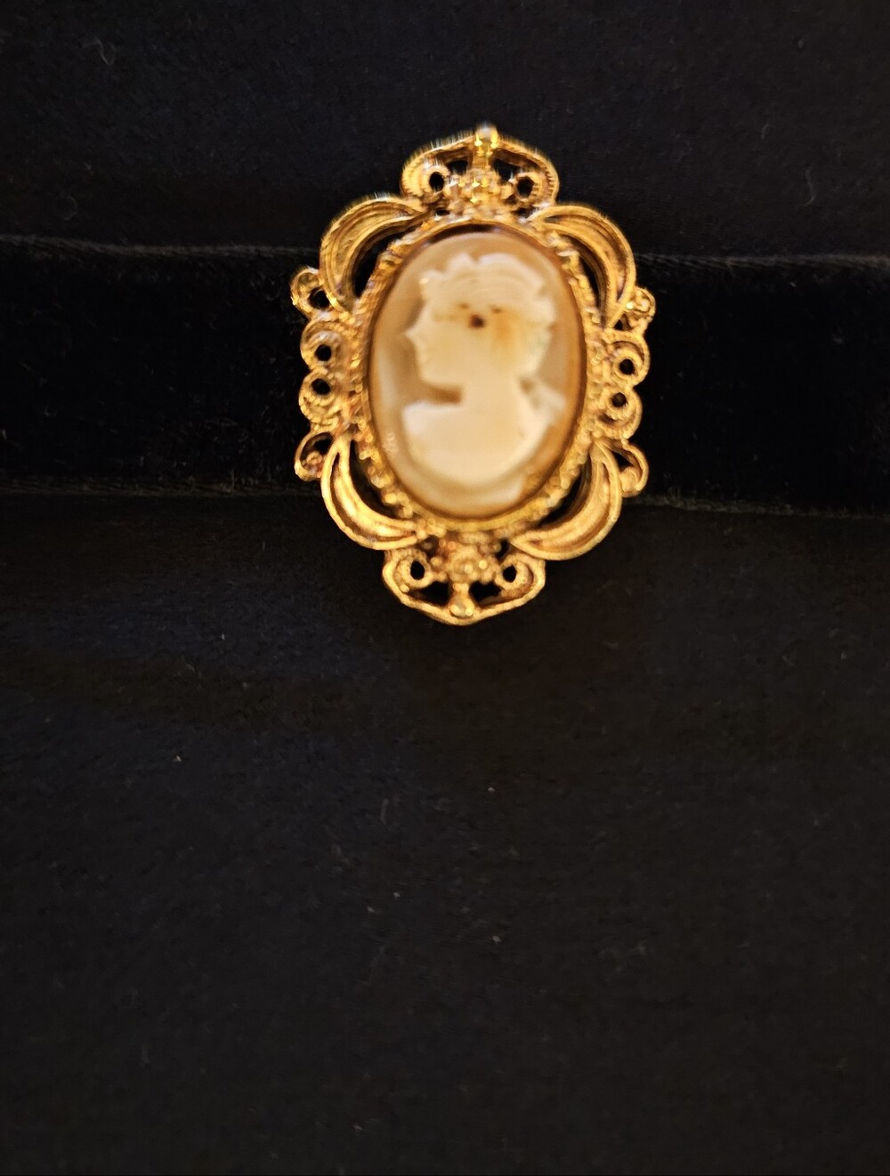 Vintage Gold Cameo Choker Necklace - Cream/Brown Cameo.on Black Velvet Ribbon.